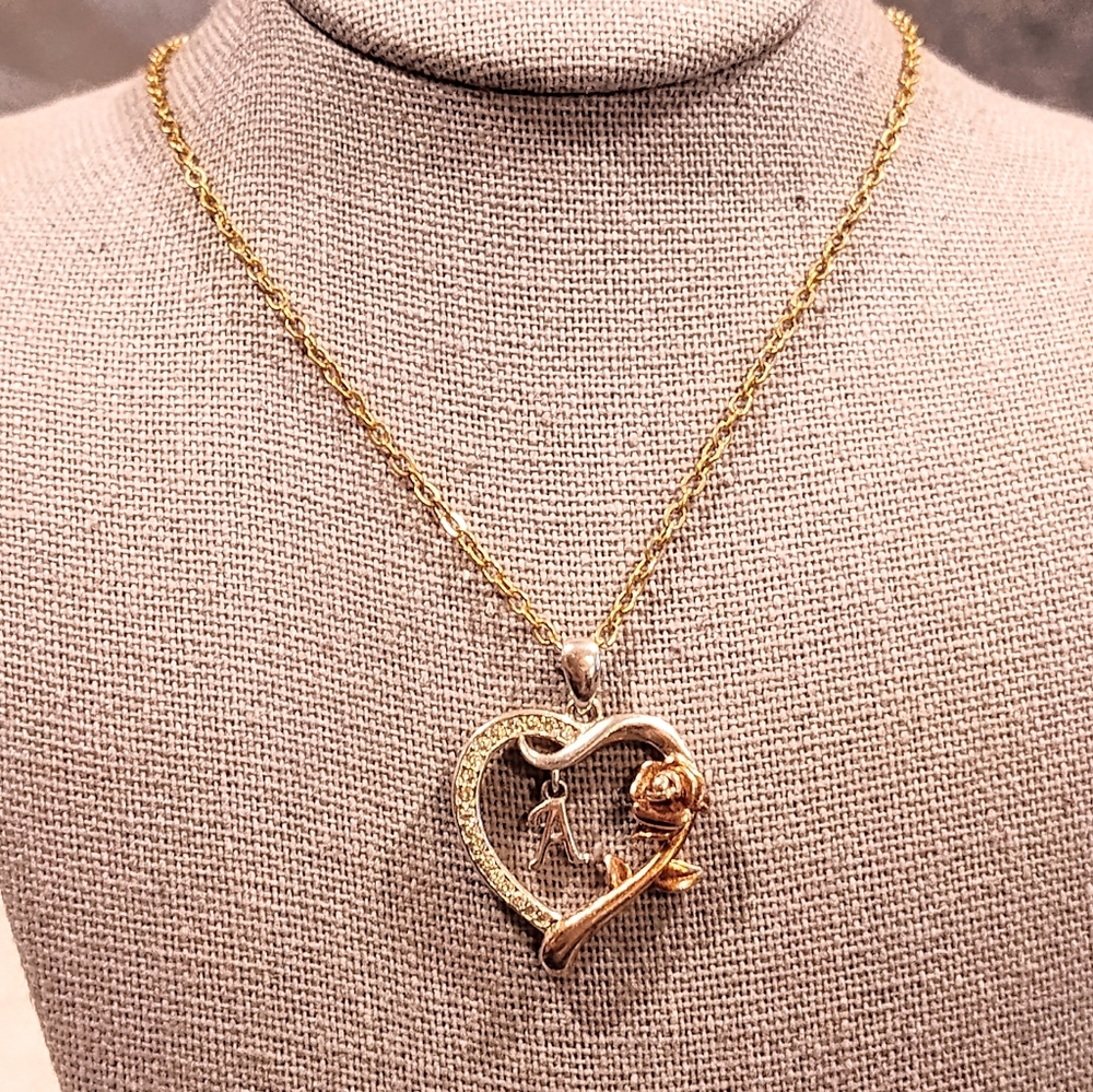 SILVER .925 HEART PENDANT WITH "A" INITIAL & GOLD ROSE ON GOLD PLATED NECKLACE